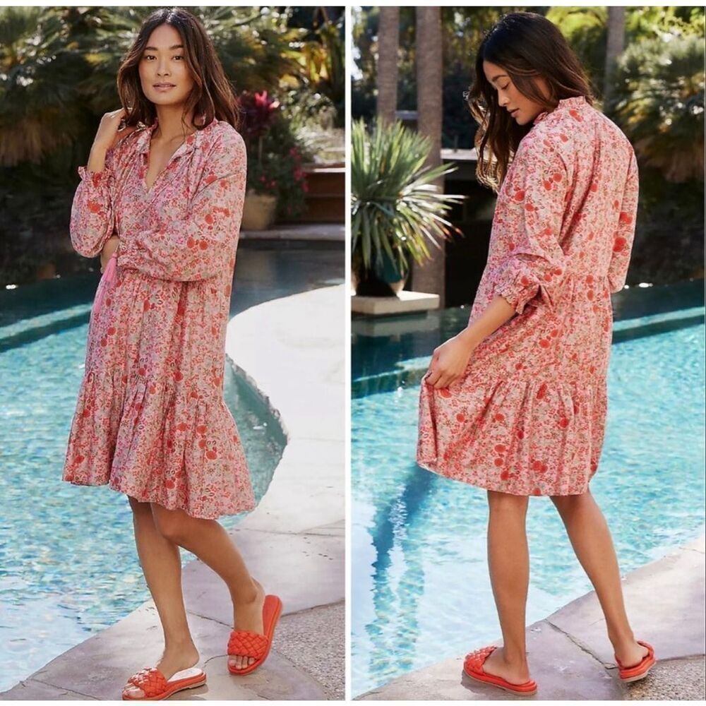 Roller Rabbit Rhody Janni cotton floral tiered long sleeve dress small